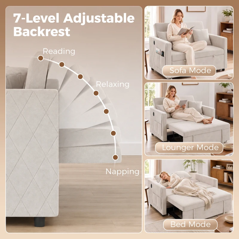 HOMCOM 52" Sofa Bed, Holland Velvet Loveseat Pull Out Sleeper Sofa with USB Ports, Adjustable Backrest, Side Pockets, Beige