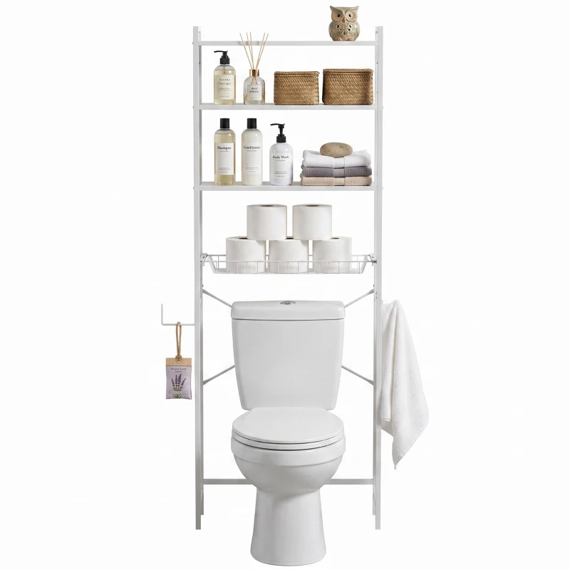 HOMCOM Over-the-Toilet Storage Shelf, 3-Tier Over-Toilet Bathroom Organizer with Adjustable Shelves and Pull-Out Basket, White