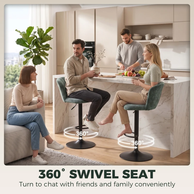 HOMCOM Adjustable Bar Stools Set of 2 with Back, Footrest, Chenille Upholstered Bar Chairs for Kitchen Island, Dark Green