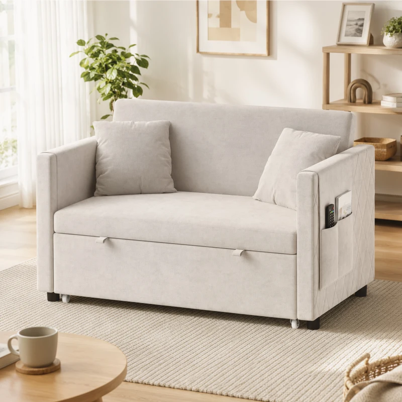 HOMCOM 52" Sofa Bed, Holland Velvet Loveseat Pull Out Sleeper Sofa with USB Ports, Adjustable Backrest, Side Pockets, Beige