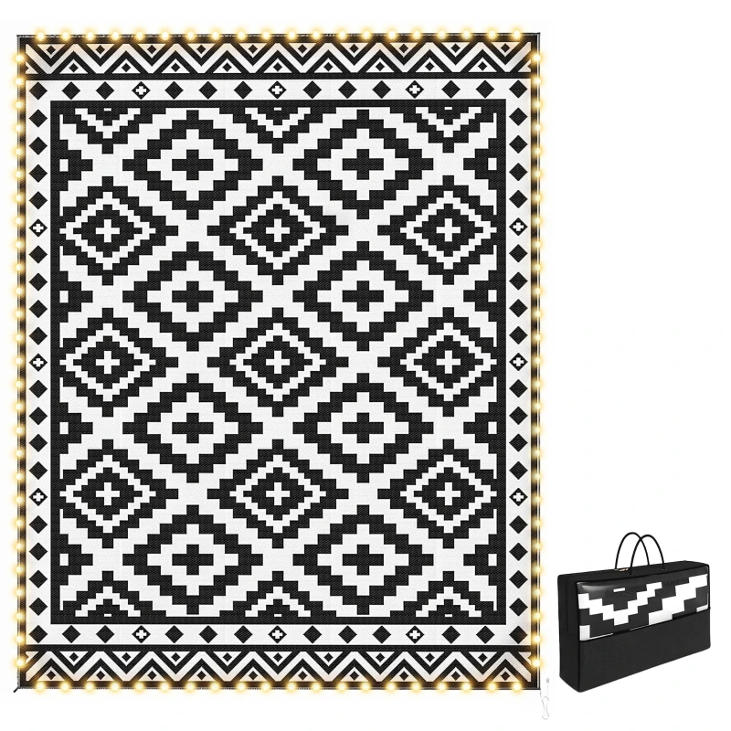 Outsunny Outdoor Rug Carpet Reversible Plastic Straw Rug with LED Lights Black and White 10' x 8' for Patio