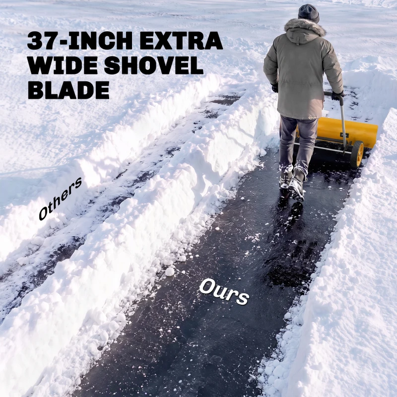 Outsunny 37-Inch Extra Wide Snow Shovel with Wheels, Heavy Duty Aluminum Snow Pusher with Ergonomic Adjustable Handle, Yellow