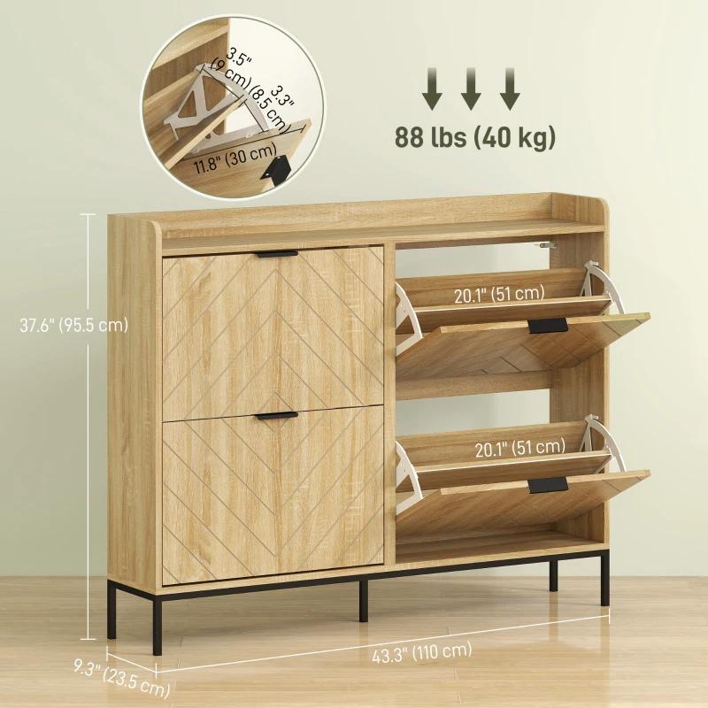 HOMCOM Narrow Shoe Storage Cabinet, Modern Slim Shoe Cabinet with 4 Flip Drawers, 16 Pairs of Shoes for Hallway, Entryway, Oak