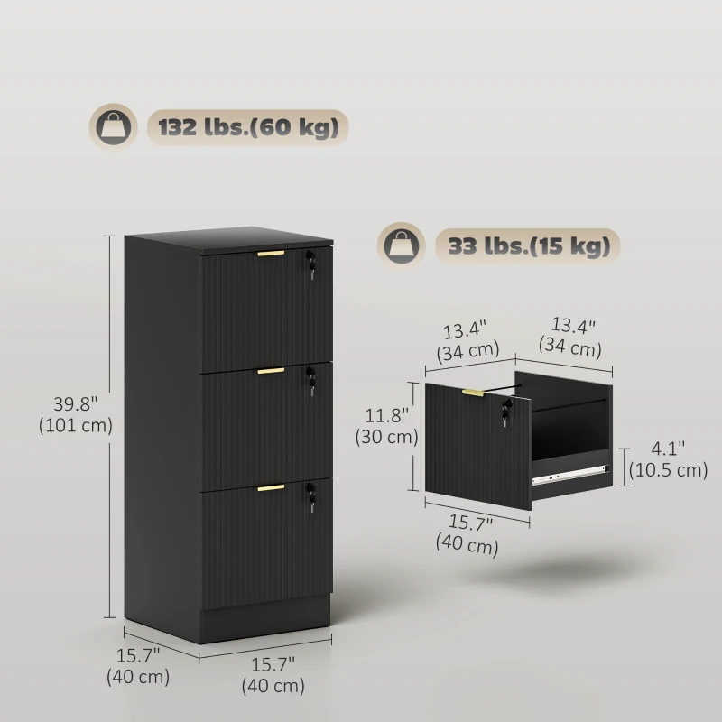 HOMCOM Lockable Filing Cabinet with 3 Fluted Drawers, File Cabinet with Adjustable Hanging Rails for A4 Letter Files, Black