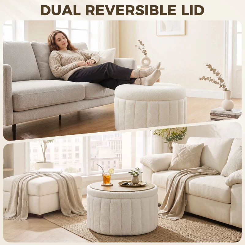 HOMCOM Round Coffee Table with Hidden Storage, Sherpa Fleece Center Table with Dual Reversible Lid for Living Room Cream White