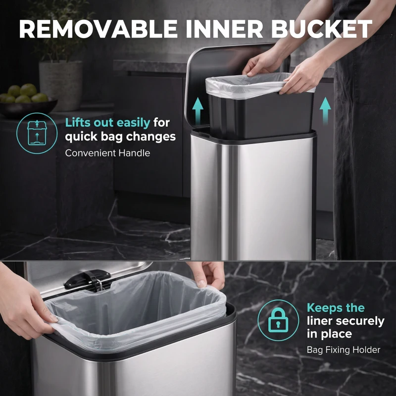 HOMCOM 13.2 Gallon Garbage Can, Slim Stainless Steel Trash Can with Removable PP Inner Bucket, Soft-Close Lid, Silver