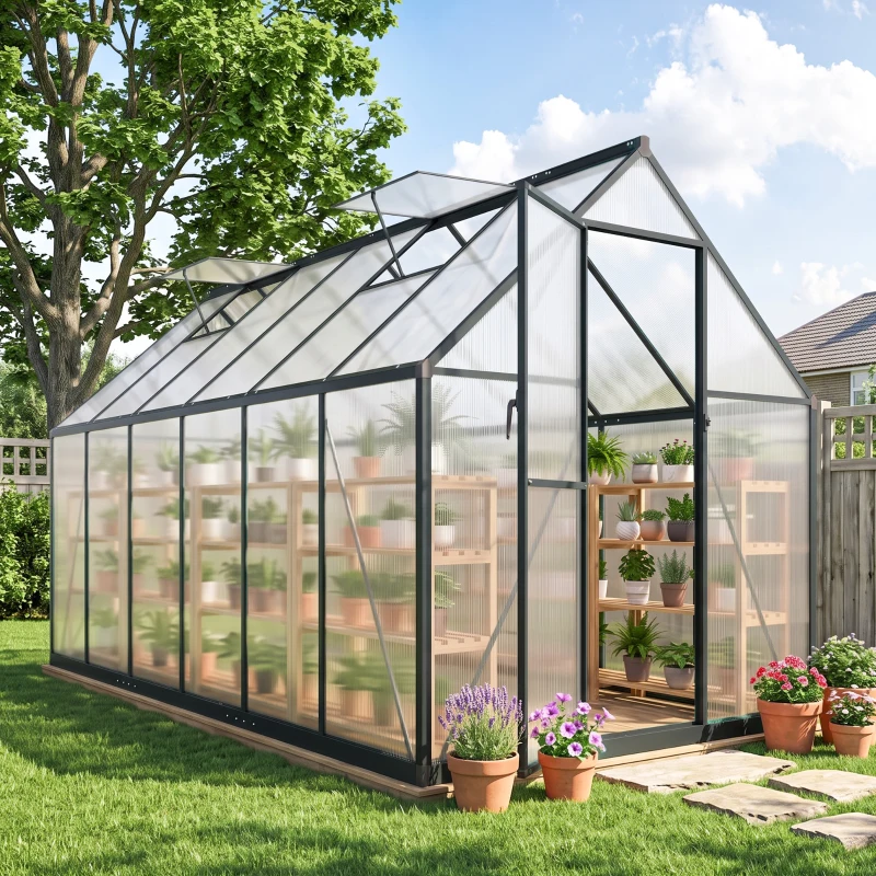 Outsunny Polycarbonate Greenhouse with Swing Door and Two Adjustable Roof Vents, Aluminum Walk-in Greenhouse, 11x6 ft, Black