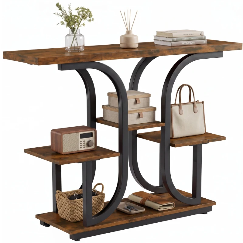 HOMCOM 42.5" Modern Console Table, 3-Tier Narrow Entryway Table with Open Storage Shelves for Entryway, Rustic Brown