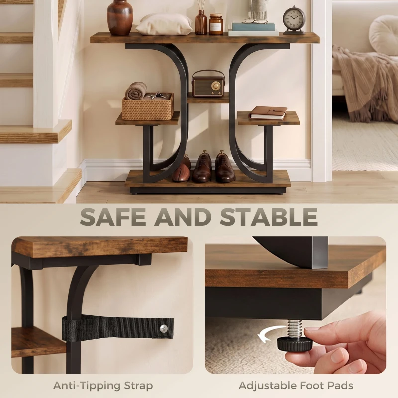 HOMCOM 42.5" Modern Console Table, 3-Tier Narrow Entryway Table with Open Storage Shelves for Entryway, Rustic Brown