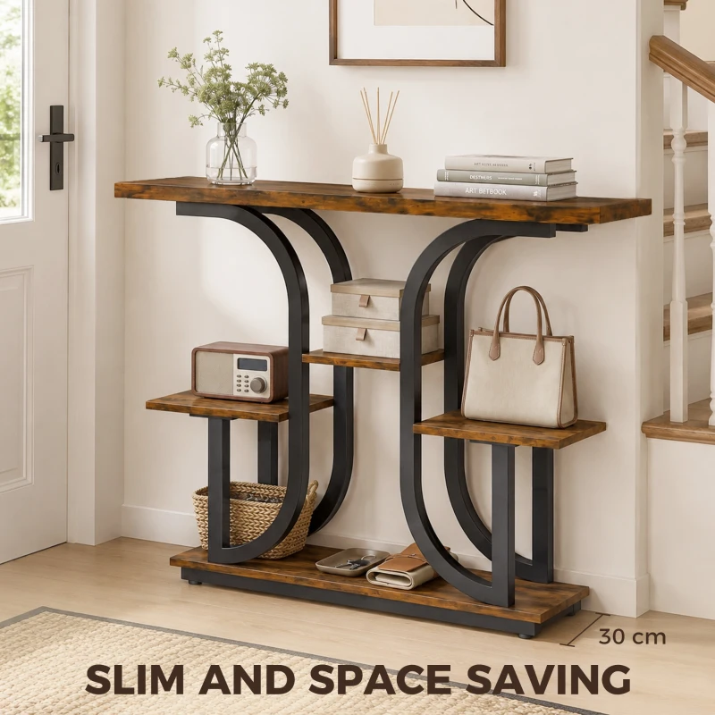 HOMCOM 42.5" Modern Console Table, 3-Tier Narrow Entryway Table with Open Storage Shelves for Entryway, Rustic Brown