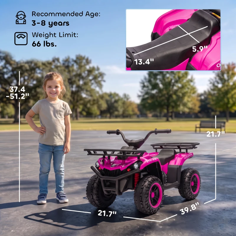 Qaba 12V Ride on ATV, 4 Wheeler for Kids with Dual Motors, Soft Start, Battery Display, Music, Lights for 3-8 Years, Pink