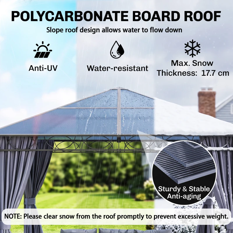 Outsunny 10' x 10' Polycarbonate Hardtop Gazebo Canopy, Outdoor Patio Gazebo with Aluminum Frame & Curtains, Dark Grey