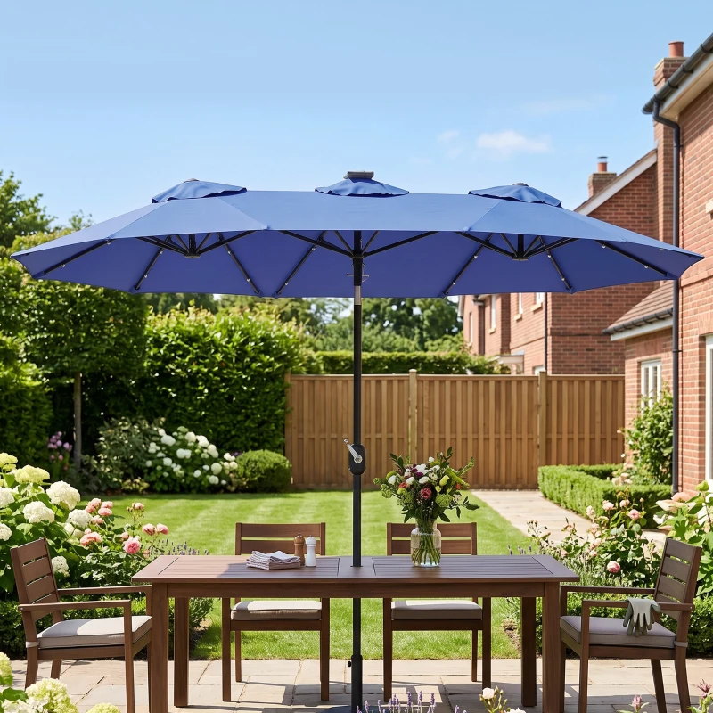 Outsunny Double-sided Patio Umbrella, 9.7' Outdoor Umbrella with Tilt and Crank, LED Solar Light and 12 Ribs, Navy Blue