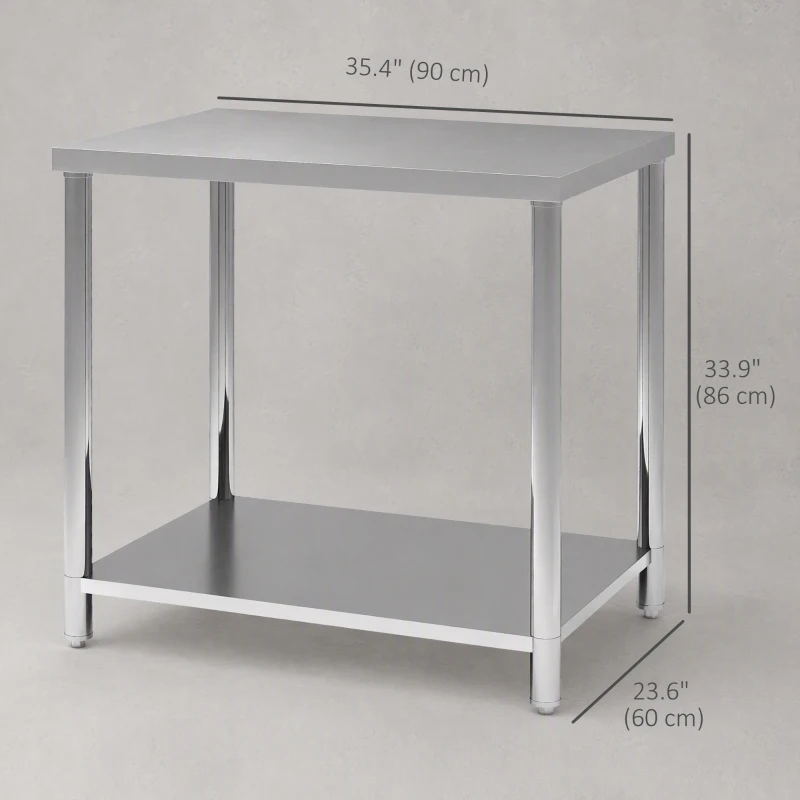 HOMCOM Stainless Steel Workbench, 35 x 24 x 34 Inch, Heavy Duty Work Prep Table with Shelf, Workbench for Kitchen, Garage