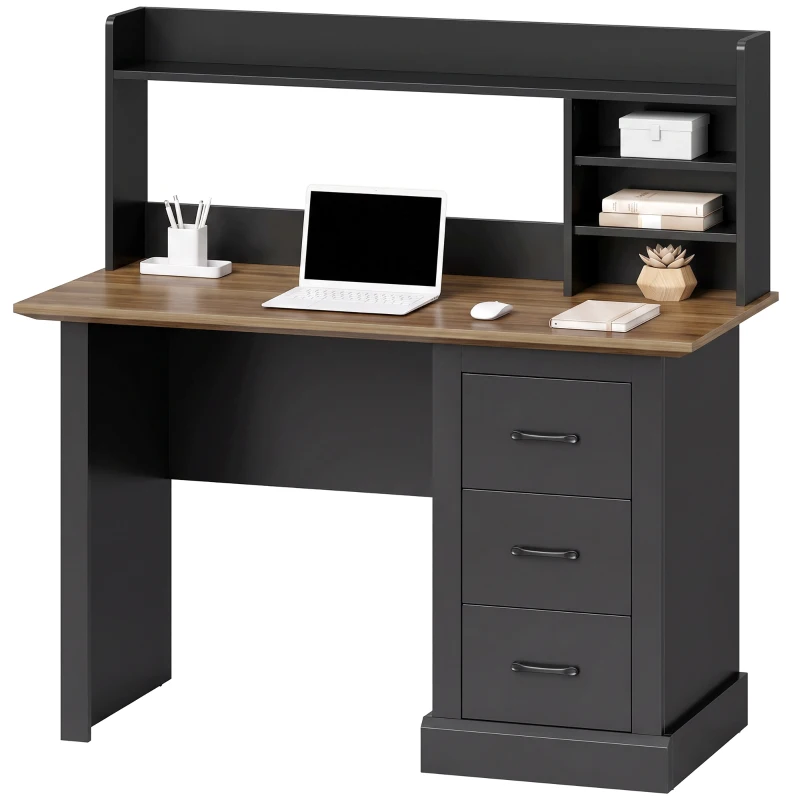 HOMCOM Computer Desk with 3 Drawers and Storage Shelves, 47" Home Office Study Writing Table, Walnut and Black