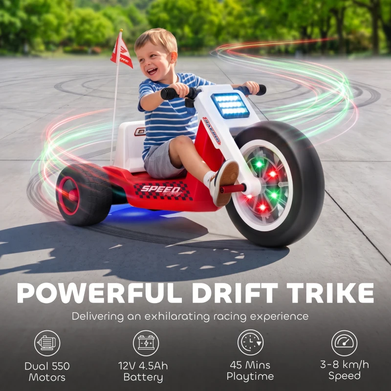 Qaba 12V Electric Car for Kids, Electric Ride On Tricycle with Soft Start, Light-Up Wheel, Adjustable Seat for 3-6, Red