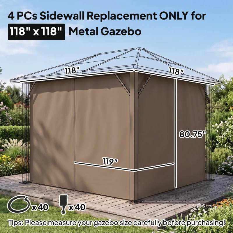 Outsunny 9.84' x 9.84' Gazebo Sidewall Set with Hooks/C-Rings, Brown