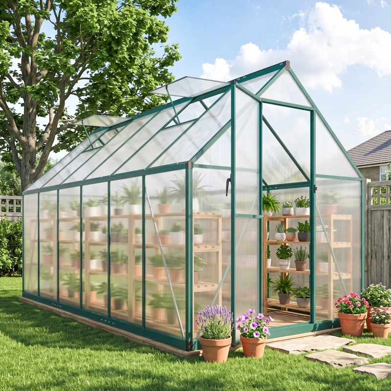 Outsunny Polycarbonate Greenhouse with Swing Door and Two Adjustable Roof Vents, Aluminum Walk-in Greenhouse, 11x6 ft, Dark Green