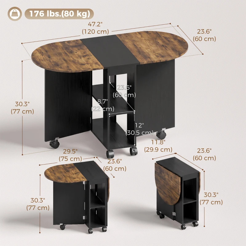 HOMCOM Folding Dining Table, Drop Leaf Table with 2 Shelves for Small Spaces, 120cm, Rustic Brown