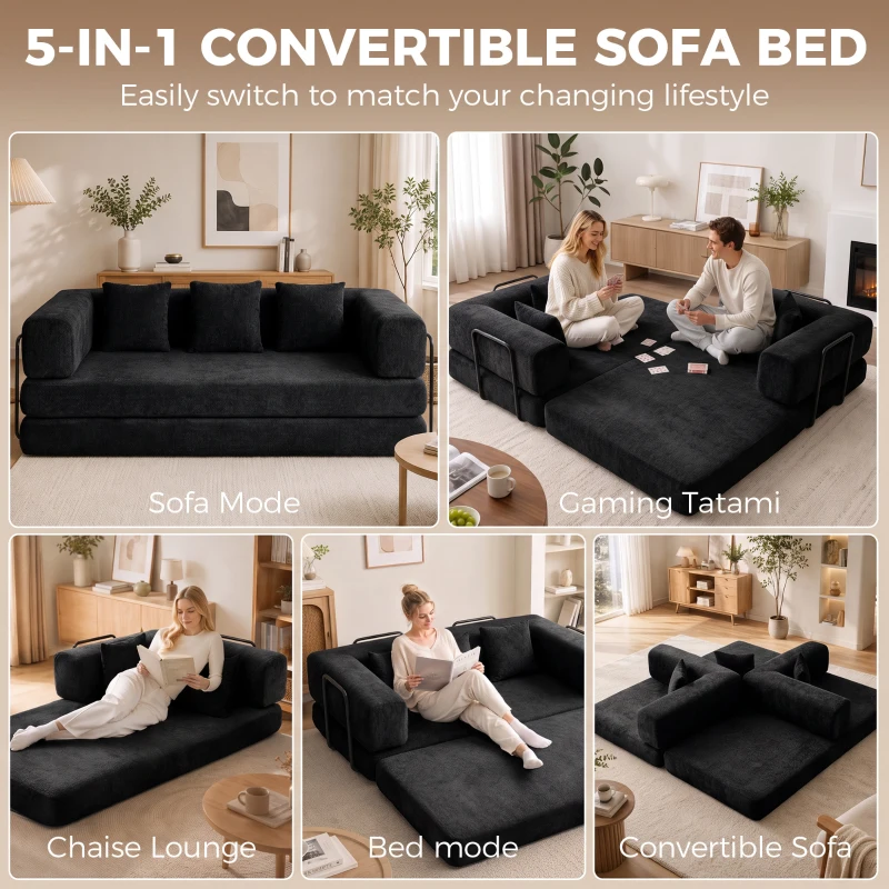 HOMCOM 81" Boneless Couch, 5-in-1 Convertible Sofa Bed with 29.5" Deep Seat, High-Density Foam, No Assembly, Black