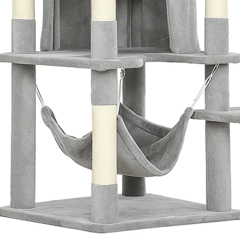PawHut 76" Large Cat Tree for Indoor Cats with 8 Scratching Posts, 3 Plush Beds, 2 Hammocks, 2 Large Condos, Ramp, Light Grey