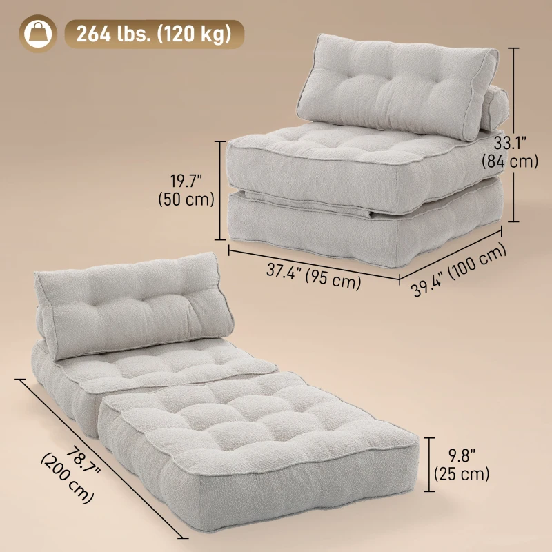 HOMCOM 3-in-1 Folding Sofa Bed, Convertible Sleeper Chair Bed with Thick Cushion, Pillows, Beige Grey