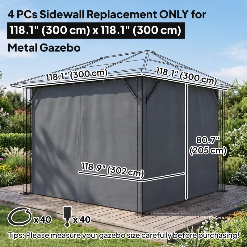 Outsunny Gazebo Curtains, 10' x 10' Universal Replacement Privacy Curtain, 4-Panels Sidewall with Hooks/C-Rings, Slate Grey