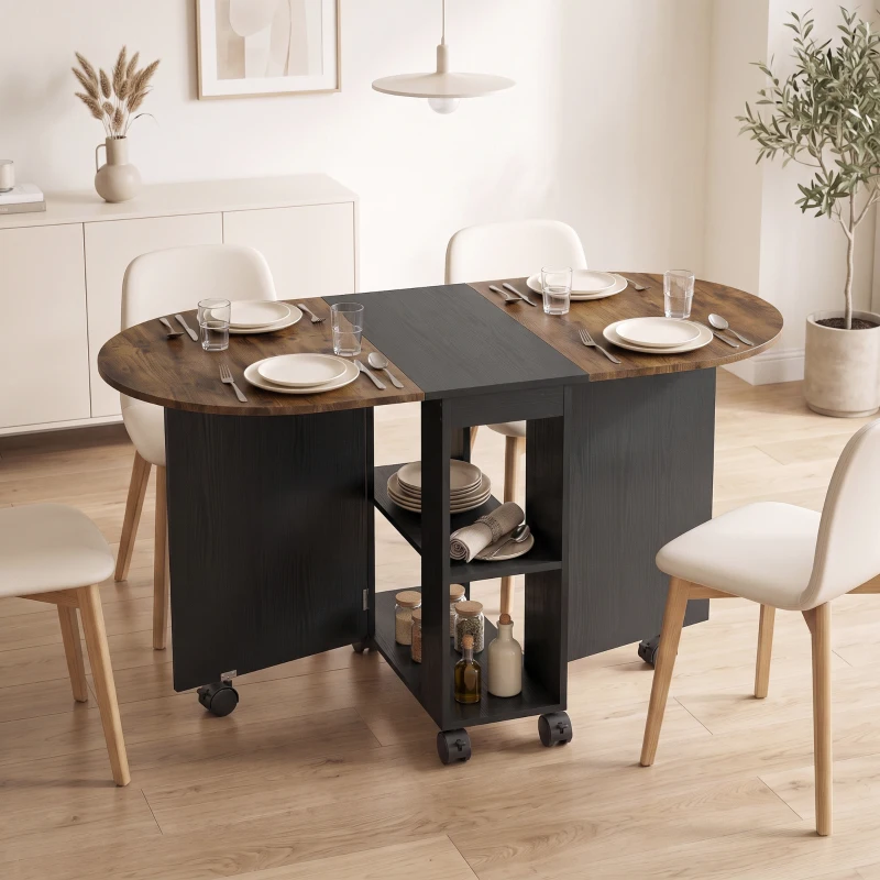 HOMCOM Folding Dining Table, Drop Leaf Table with 2 Shelves for Small Spaces, 120cm, Rustic Brown