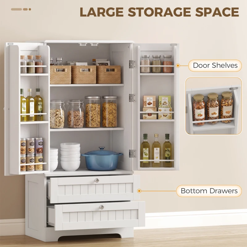 HOMCOM 47" Tall Pantry Cabinet, Farmhouse Kitchen Pantry with 6 Door Racks and 2 Drawers, White
