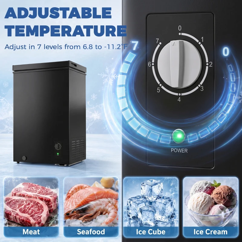 HOMCOM Mini Freezer, 3.5 Cu.Ft Chest Freezer with 7-Setting Adjustable Thermostat, Wire Basket, Quiet Operation, Black