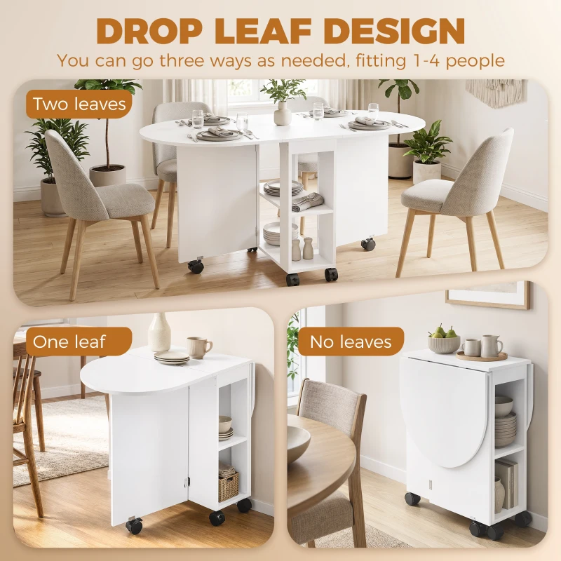 HOMCOM Folding Dining Table, Drop Leaf Table with 2 Shelves for Small Spaces, 120cm, White