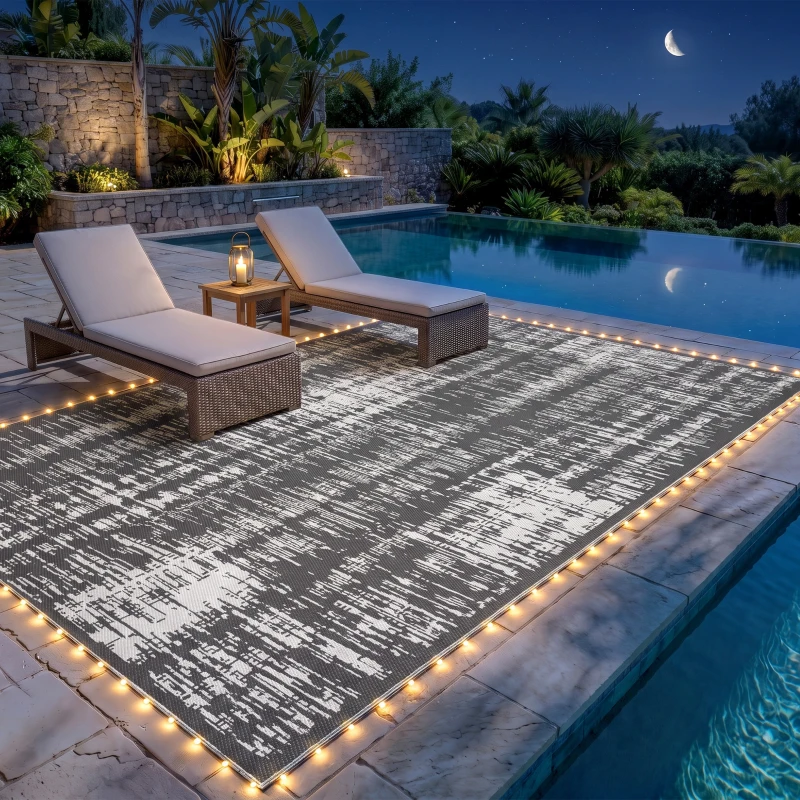 Outsunny Reversible Outdoor Rug Carpet with LED Lights, Carry Bag & Ground Stakes for Backyard, Deck, Picnic, Beach, 12' x 9'
