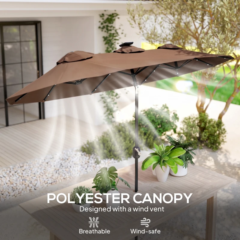 Outsunny Double-sided Patio Umbrella, 9.7 ft. Outdoor Umbrella with 45-Degree Tilt and Crank, LED Solar Light and 12 Ribs, Coffee