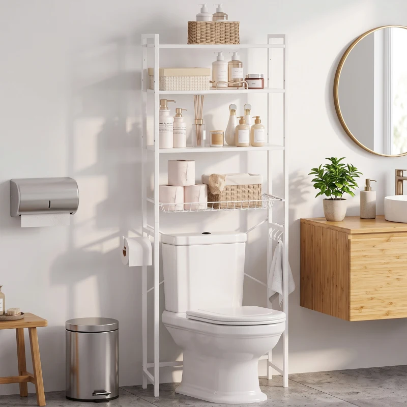 HOMCOM Over-the-Toilet Storage Shelf, 3-Tier Over-Toilet Bathroom Organizer with Adjustable Shelves and Pull-Out Basket, White