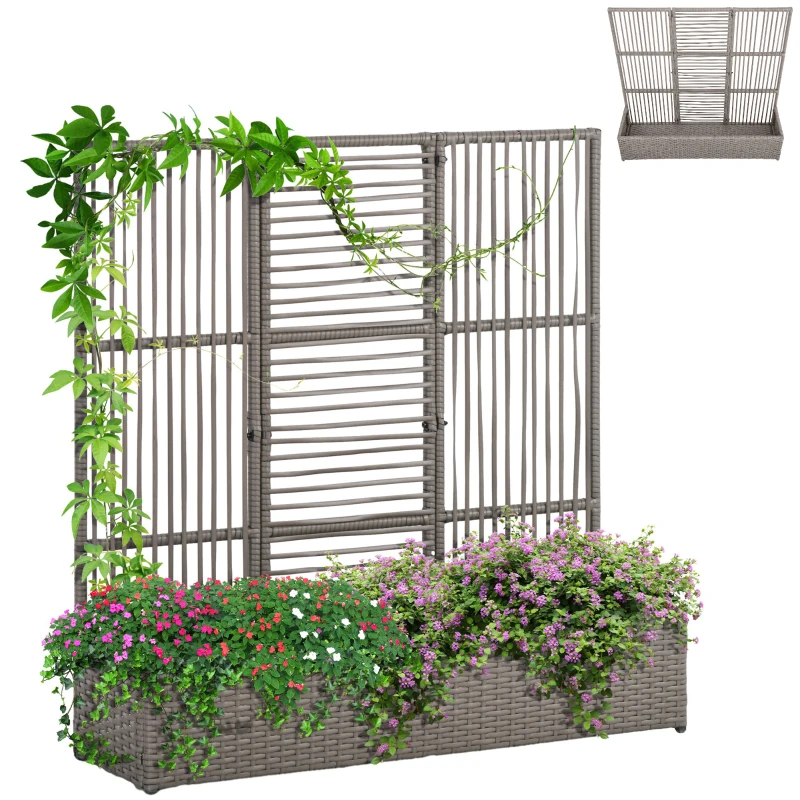Outsunny Raised Garden Bed with Lattice Trellis, Rattan Outdoor Planter with Storage for Garden, Patio, Balcony, Grey