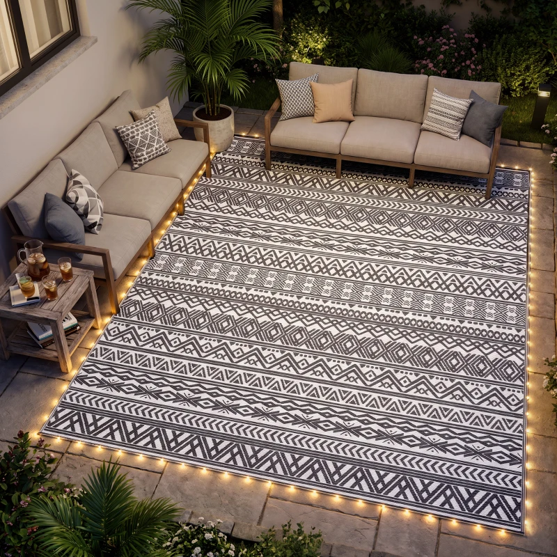Outsunny Outdoor Rug Carpet with USB Lights Reversible Patio Rug with Carry Bag for Camping 12' x 9'
