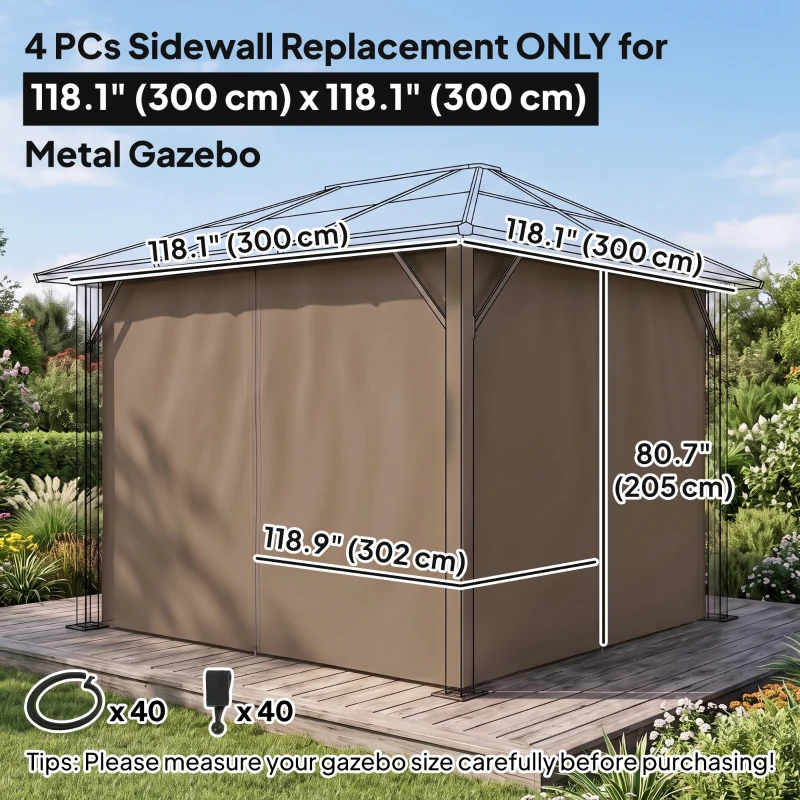 Outsunny Gazebo Curtains, 10' x 10' Universal Replacement Privacy Curtain, 4-Panels Sidewall with Hooks/C-Rings, Brown