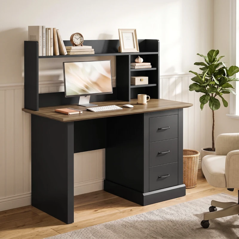 HOMCOM Computer Desk with 3 Drawers and Storage Shelves, 47" Home Office Study Writing Table, Walnut and Black