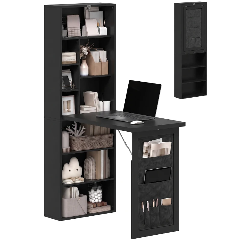 HOMCOM Foldable Convertible Writing Table with Storage Shelves, Bag, Wall-Mounted Space-Saving Computer Desk, Black