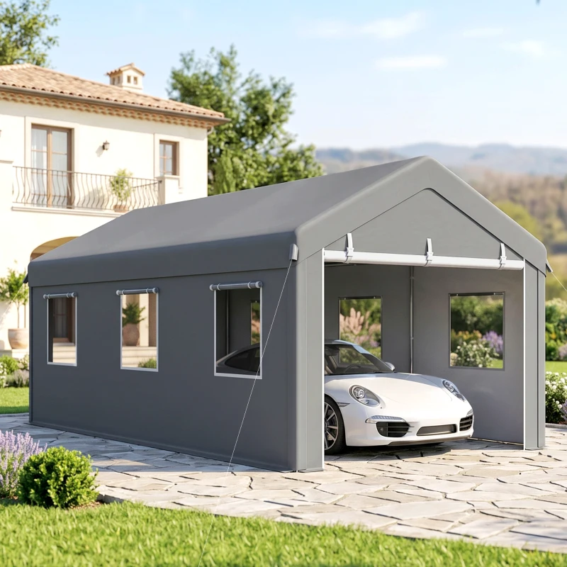 Outsunny 10' x 20' Carport, Heavy Duty Portable Garage with 6 Mesh Windows and 2 Doors, Light Grey