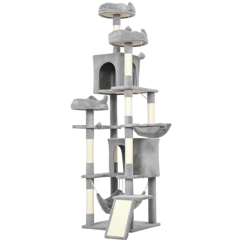 PawHut 76" Large Cat Tree for Indoor Cats with 8 Scratching Posts, 3 Plush Beds, 2 Hammocks, 2 Large Condos, Ramp, Light Grey