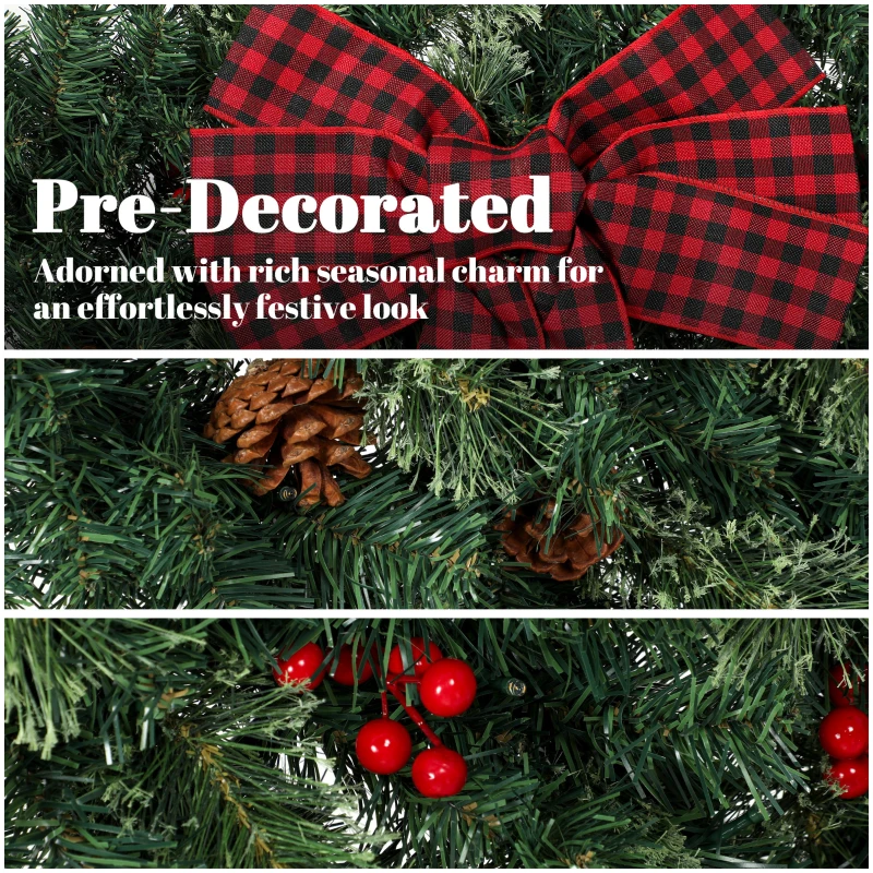 HOMCOM 36" Prelit Crestwood Spruce Artificial Christmas Wreath, Christmas Decor with Bow, 8 Modes, Red Berries, Pinecones