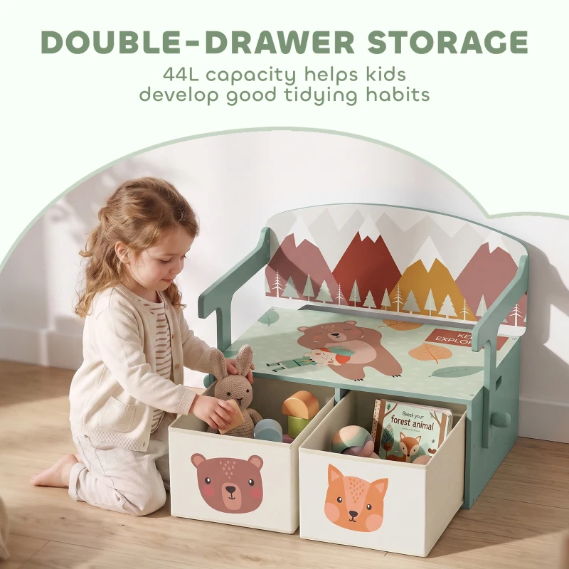 Qaba Kids Toy Box Chest, 3-in-1 Convertible Wooden Toy Storage Bench w/  2 Non-Woven Drawers, for Bedroom, Playroom, Green