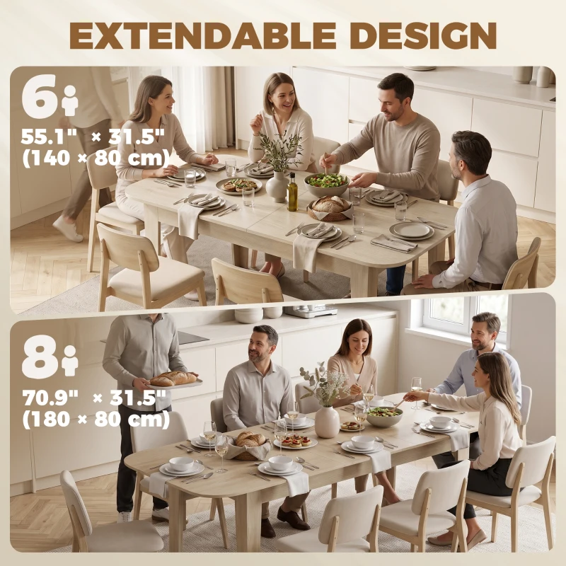HOMCOM Extendable Oval Dining Table for 4-6, Farmhouse Expandable Kitchen Table, Round Edges, Oak