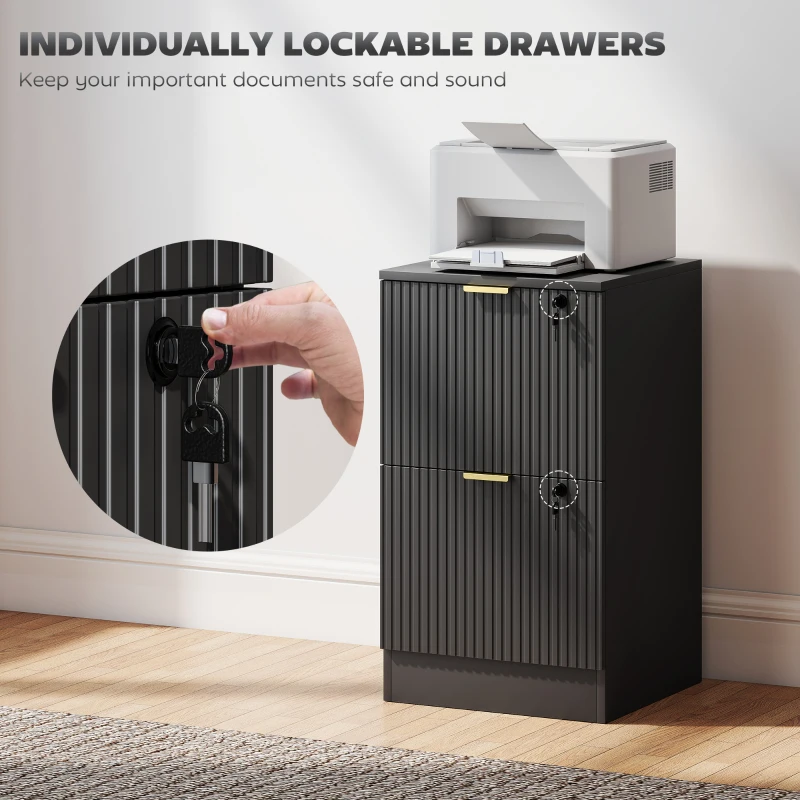 HOMCOM Lockable Filing Cabinet with 2 Fluted Drawers, File Cabinet with Adjustable Hanging Rails for A4 Letter Files, Black