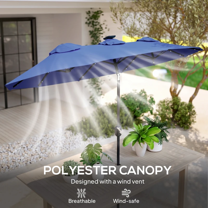 Outsunny Double-sided Patio Umbrella, 9.7' Outdoor Umbrella with Tilt and Crank, LED Solar Light and 12 Ribs, Navy Blue