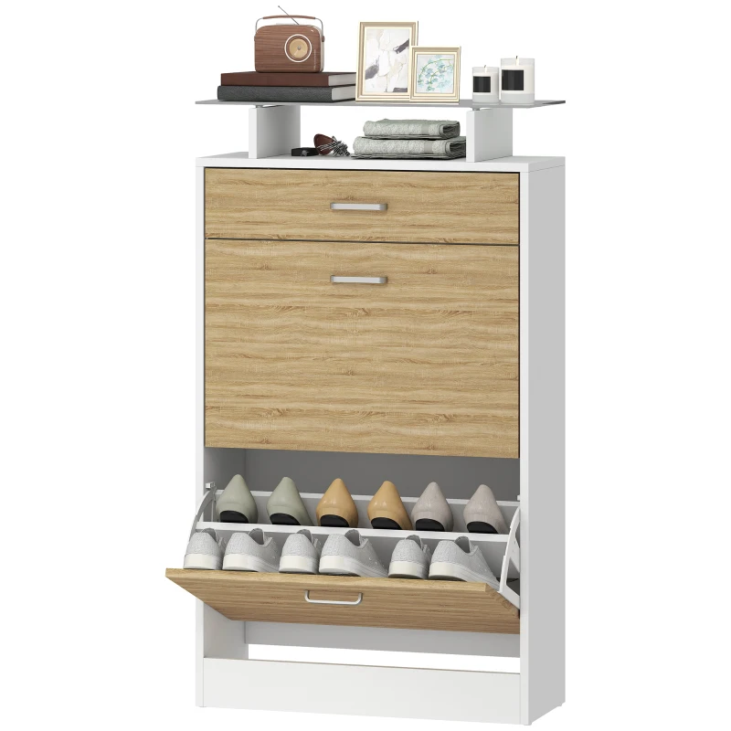HOMCOM Shoe Cabinet, Slim Shoe Organizer Cabinet with 2 Flip Drawers, Adjustable Shelves, Drawer and Glass Top
