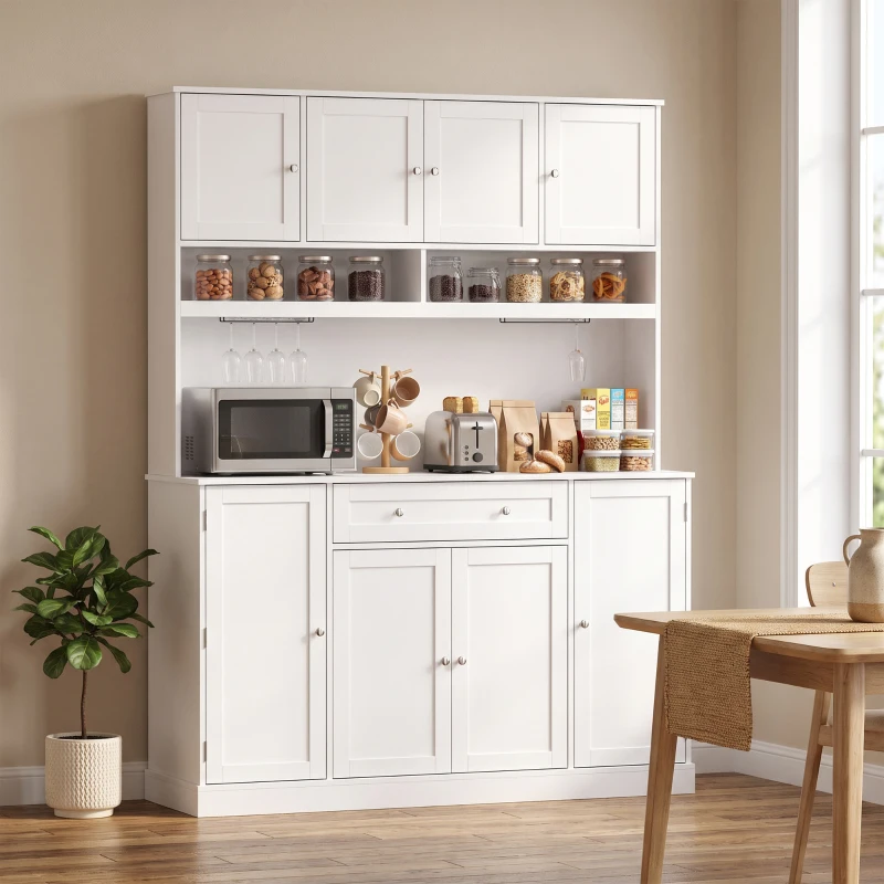 HOMCOM 73" Pantry Cabinet with Charging Station, 55" Wide Kitchen Pantry with Microwave Stand, White