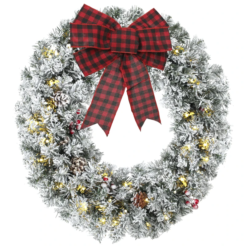HOMCOM Flocked Winter Wreath, 24 Inch Pre-Lit Christmas Wreath for Front Door with LED Lights, Pine Cones and Berries, Green