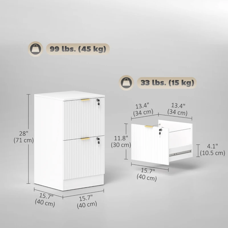 HOMCOM Lockable Filing Cabinet with 2 Fluted Drawers, File Cabinet with Adjustable Hanging Rails for A4 Letter Files, White